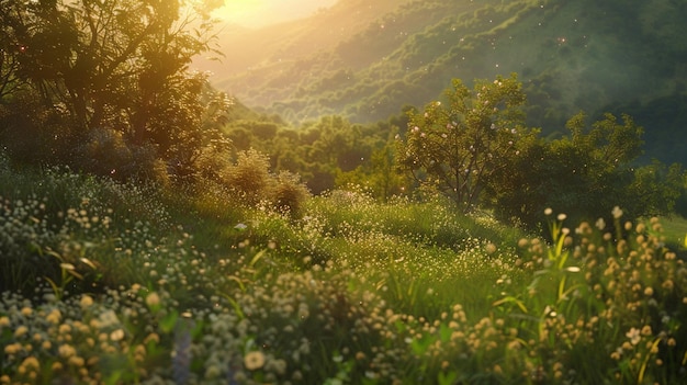樹木や丘を通る太陽光のフィルター オーガニックな風景画