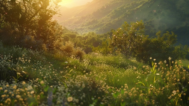 Sunlight Filtering Through Trees and Hills Organic Landscape Painting