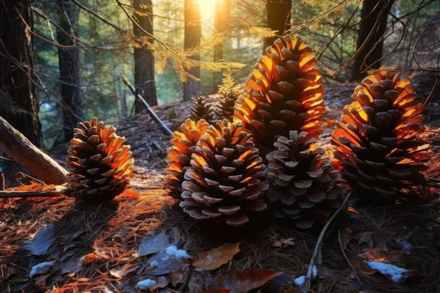 Sunlight filtering through trees onto pine cones created with generative ai