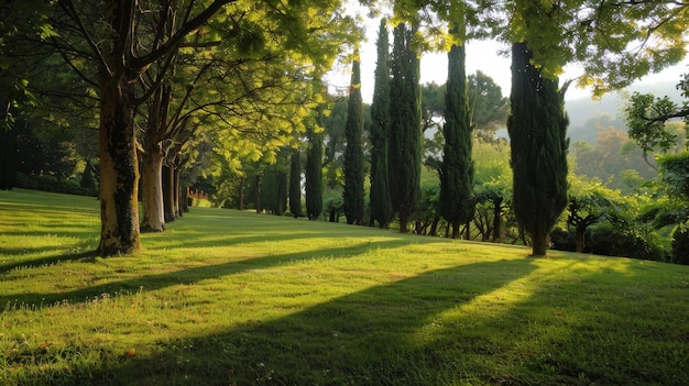 Sunlight filtering through trees in a serene park