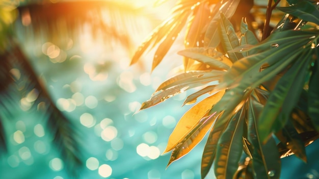 Photo sunlight filtering through tropical palm tree leaves ideal for travel and nature concepts