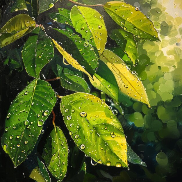 Sunlight filters through green leaves dotted with water droplets casting rays of light in a tranquil forest scene