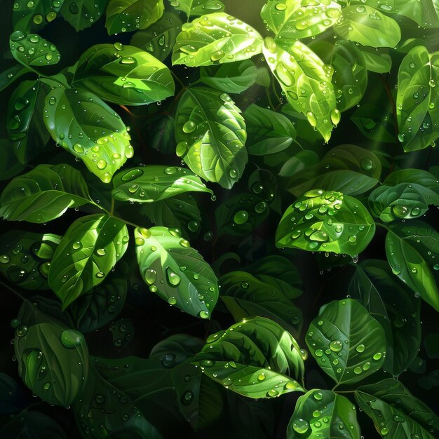 빛은 물방울로 가득 찬 초록색 잎을 가로질러 조용한 숲의 풍경에 빛의 광선을 방출합니다.