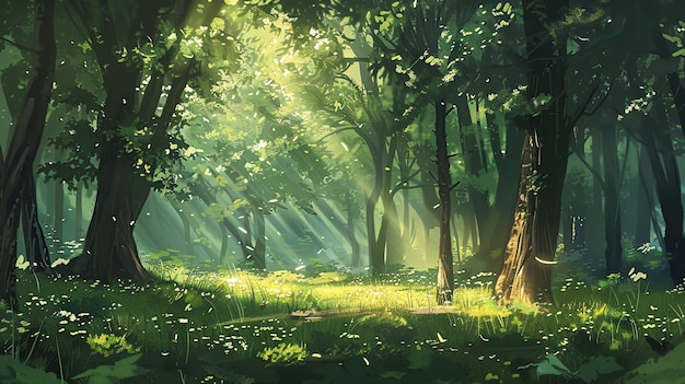 sunlight filters through the tall trees of a lush forest creating a magical atmosphere