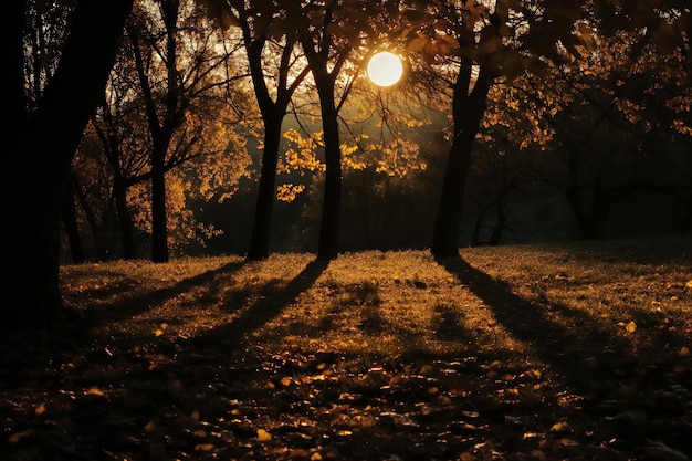 Sunlight filters through trees creating shadows on forest floor