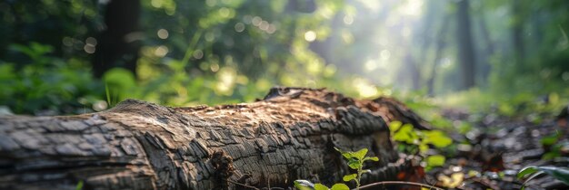 Sunlight filters through trees illuminating a fallen log in a lush green forest