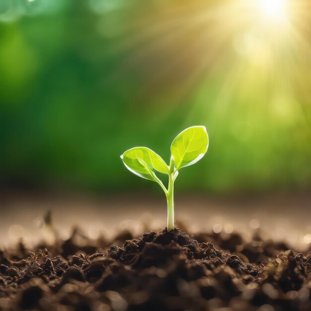 Sunlight on fresh seedling in fertile soil