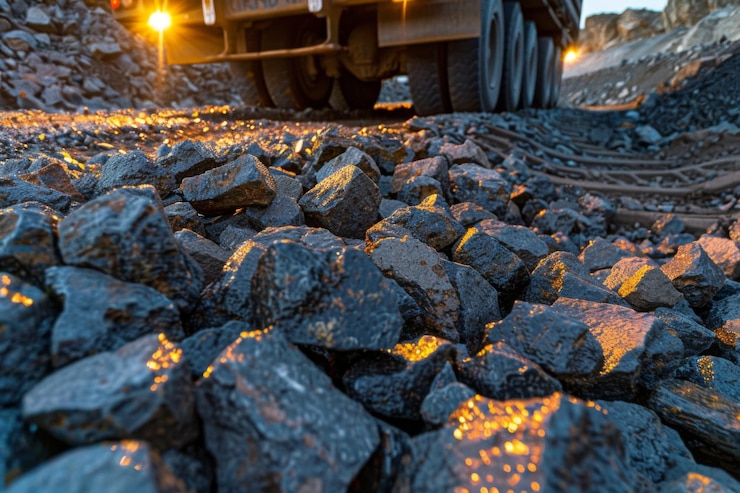 Photo sunlight glimmers on rocky terrain as a truck navigates a rugged mining path at dusk