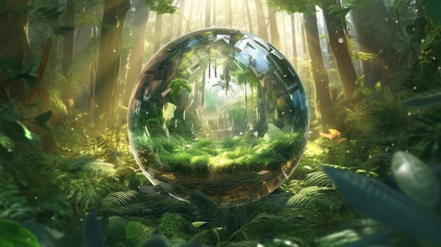 Sunlight and green forest captured with crystal lens ball Generative AI