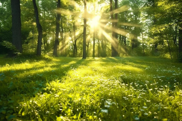 緑の森の太陽の光 春の時間
