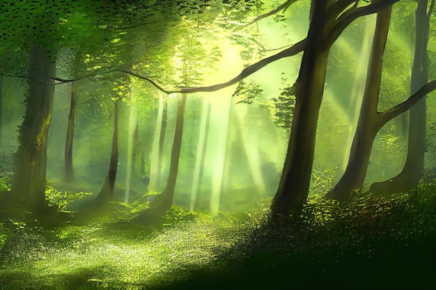 Sunlight in the green forest springtime Generative Ai