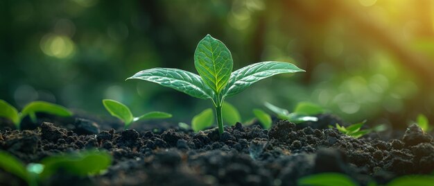 若い 植物 に 日光 が 照らさ れ て 成長 する