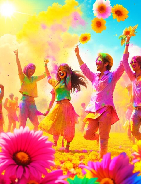 The sunlight holi flowers and nature with people background