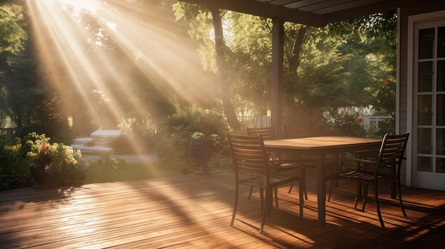 Sunlight on home backyard patio terrace design idea with table and chairs