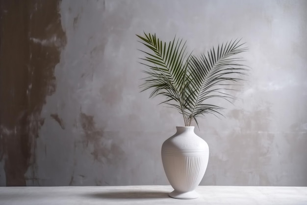 Sunlight home design beige vase decor interior concrete shadows palm tree wall Generative AI