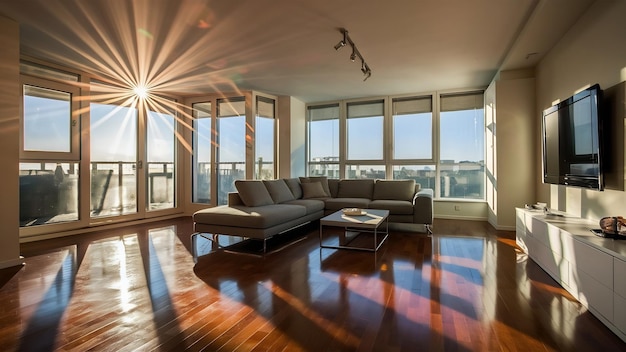 Sunlight illuminates the room creating shadows on the floor new room in a refurbished apartment wit