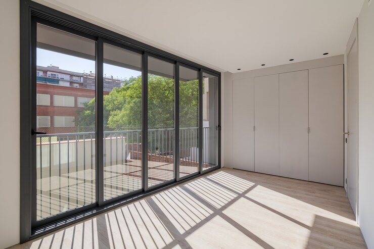 Sunlight illuminates the room creating shadows on the floor new room in a refurbished apartment with...
