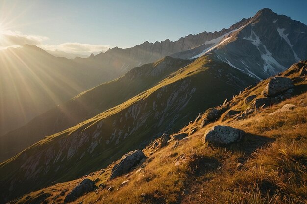 Sunlight illuminating a mountain ridge
