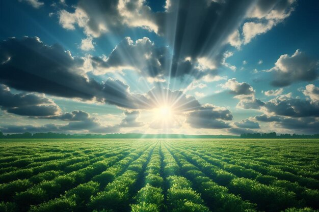 Photo sunlight iltering through louds onto a grassy ield