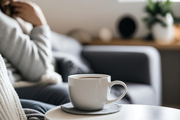 In sunlight inside woman holding white cup on coffee table on sofa Relax at home