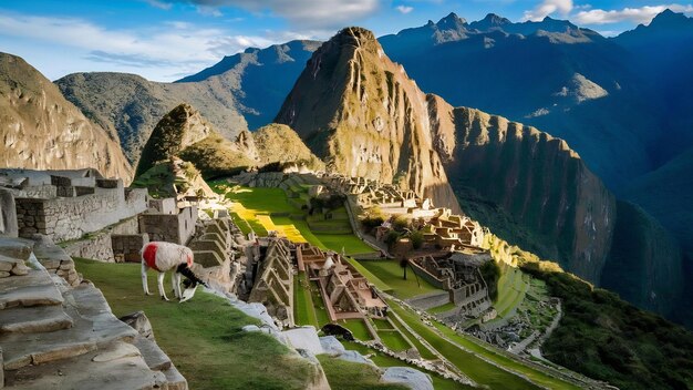 Sunlight on machu picchu peru with llamas