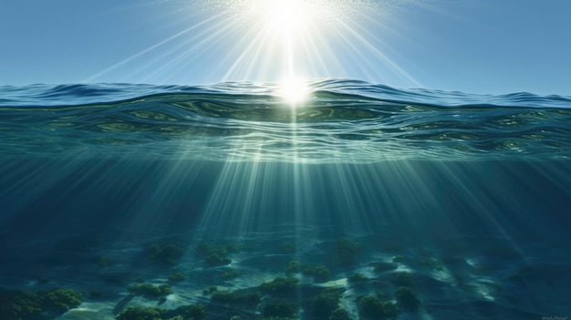 Sunlight over ocean water The rays of the sun are reflected and refracted in the water