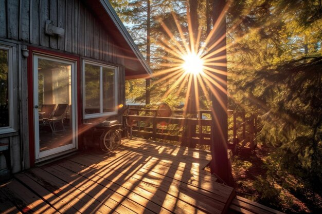 Photo sunlight peeking through trees onto cabin deck created with generative ai