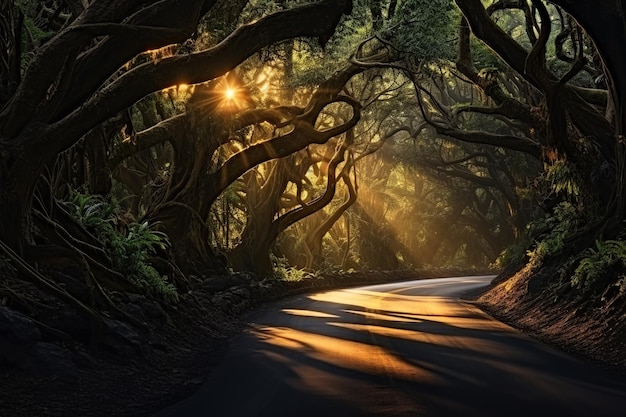 Sunlight Piercing Through Enchanted Forest Road Generative AI