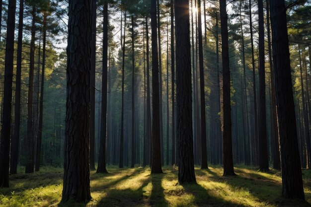 Sunlight piercing through forest trees