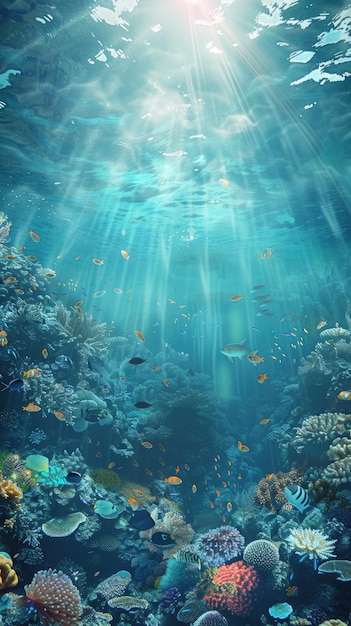 Sunlight Piercing Through Vibrant Underwater Marine Life Background for Instagram Story Banner