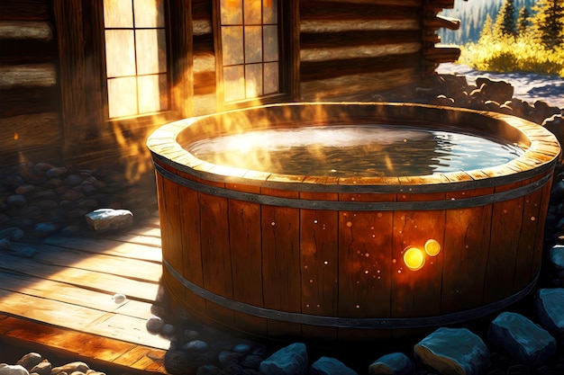 Sunlight reflecting off water in rustic wooden outdoor hot tub