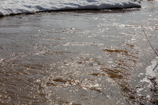 Sunlight reflecting in the water spring melting snow river water ripples shining with sun light