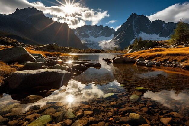 Sunlight Reflects from the Mountain and Sky Lake