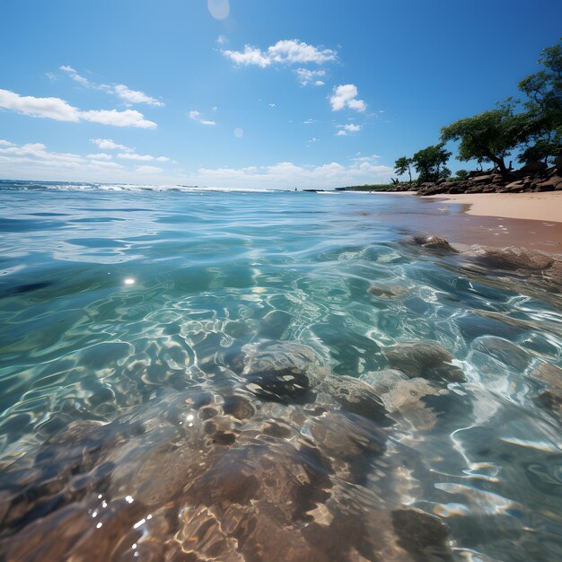 Sunlight shining the surface and under the blue ocean sea wave with clean waters in summer time