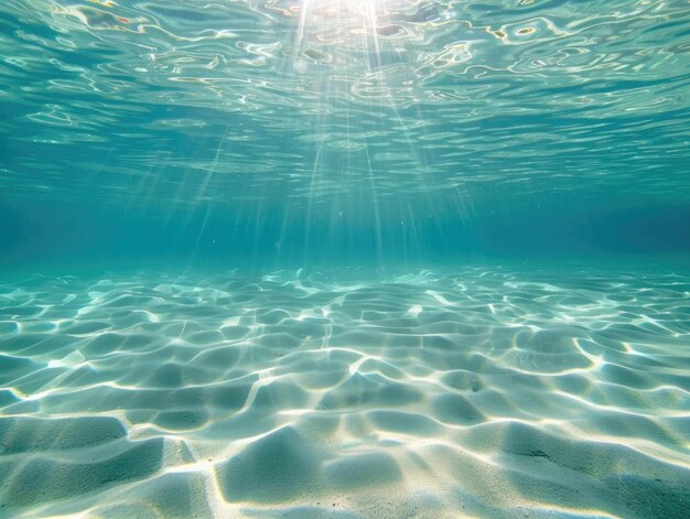砂の海底の青い水の中を照らす日光