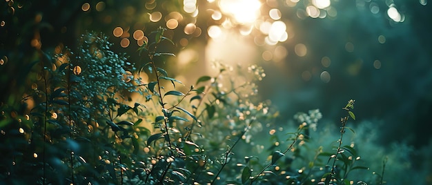 sunlight shining through the leaves of a bush in a forest