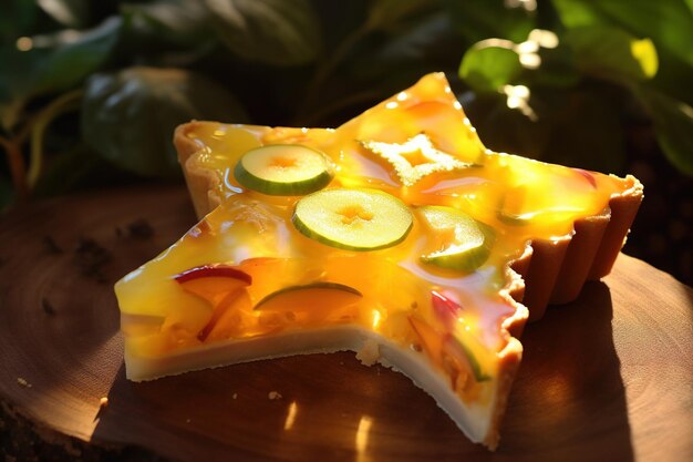 Sunlight shining through a slice of vibrant elven starfruit tart