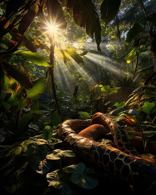 Фото Солнечный свет, падающий сквозь деревья на жирафа в джунглях, генеративный искусственный интеллект