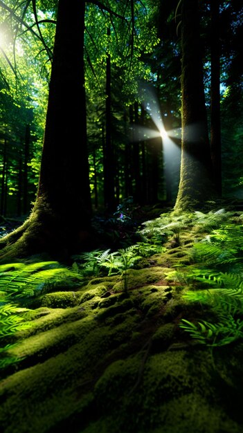 sunlight shining through the trees in a forest with moss generative ai