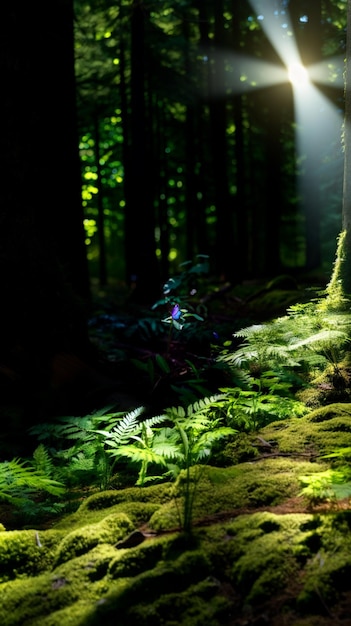 sunlight shining through the trees in a forest with moss generative ai