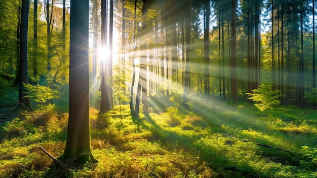 Sunlight shining through the trees in a forest