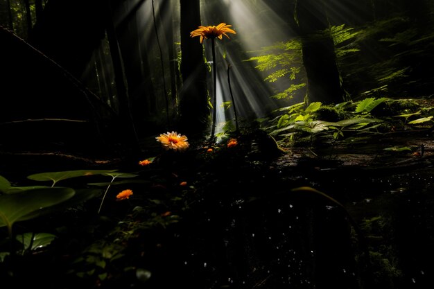 Photo sunlight shining through the trees onto a flower in a forest generative ai
