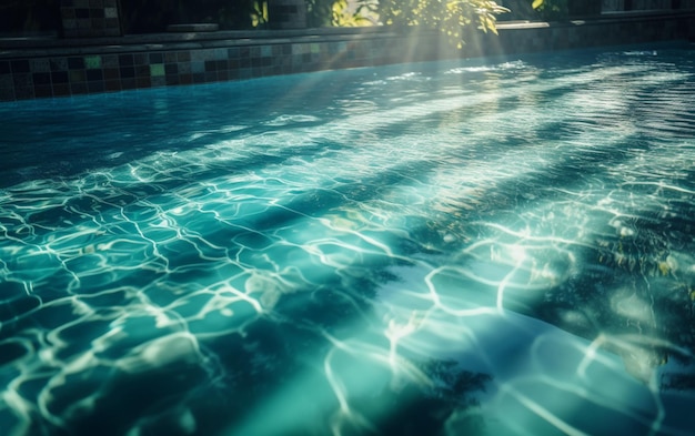 Sunlight shining through the water in a pool with a wave coming in generative ai