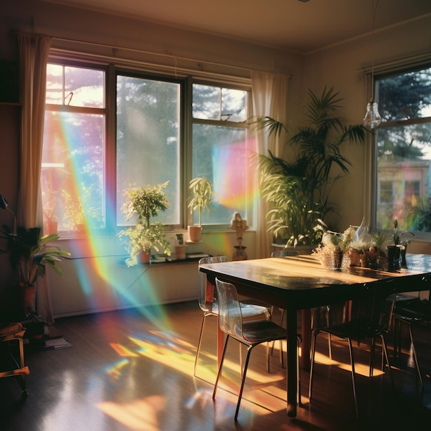 Sunlight shining through a window and creating a rainbow on the floor