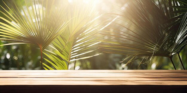 Photo sunlight shining through a window onto a wooden table with palm leaves