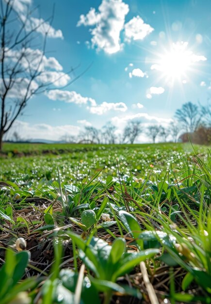 写真 露のある草原の上を照らす太陽の光