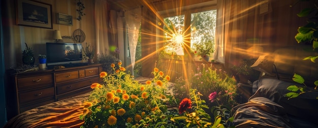 Photo sunlight streaming through bedroom window generative ai