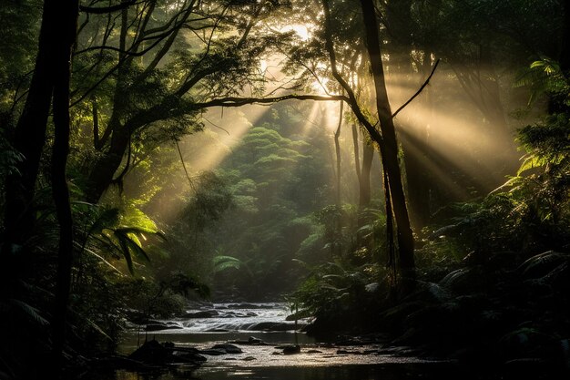 Photo sunlight streaming through dense forest canopy