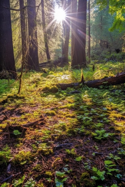 Photo sunlight streaming through forest trees on forest floor