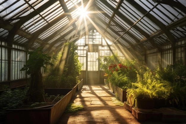 Sunlight streaming through glass greenhouse roof created with generative ai